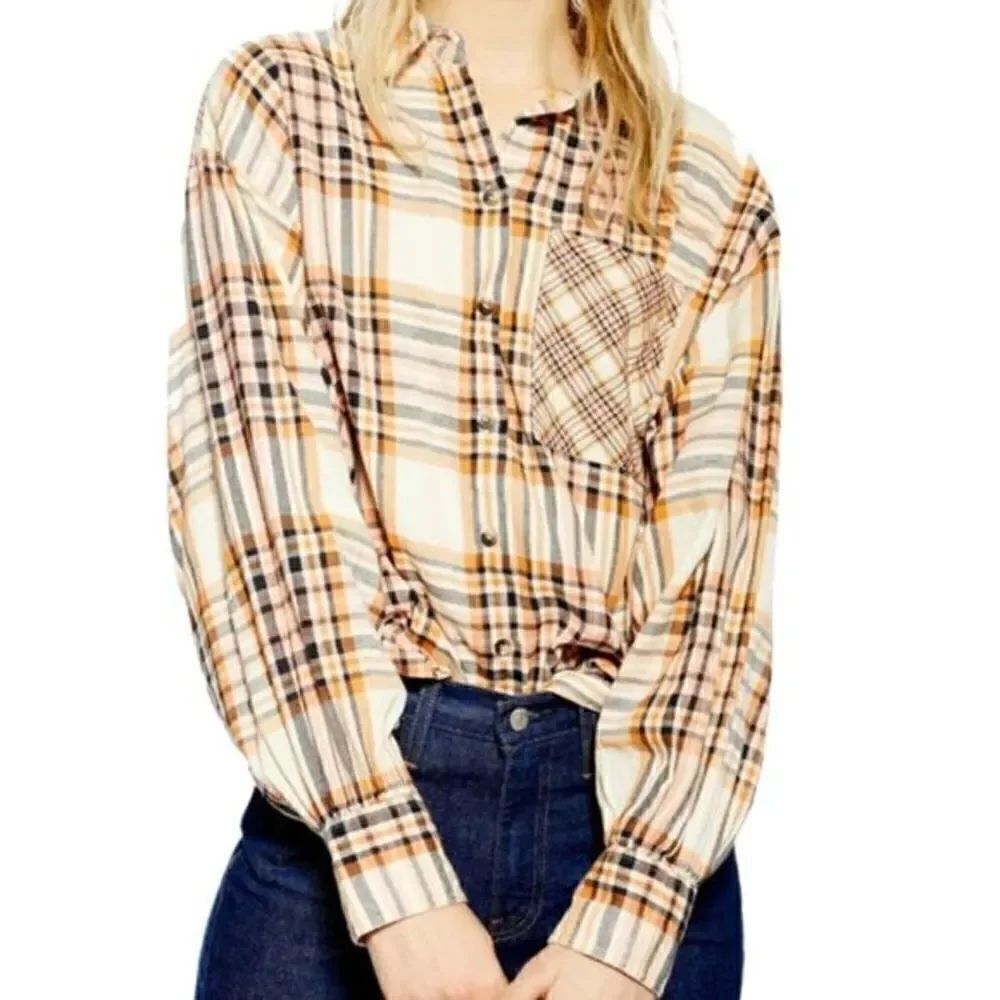 Topshop Womens Murphy Orange Black Check Button-Down Long Sleeve Blouse